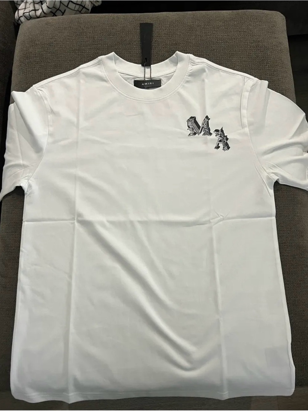 AMIRI White Crewneck T-Shirt with Black Marble 'MA' Chest Logo